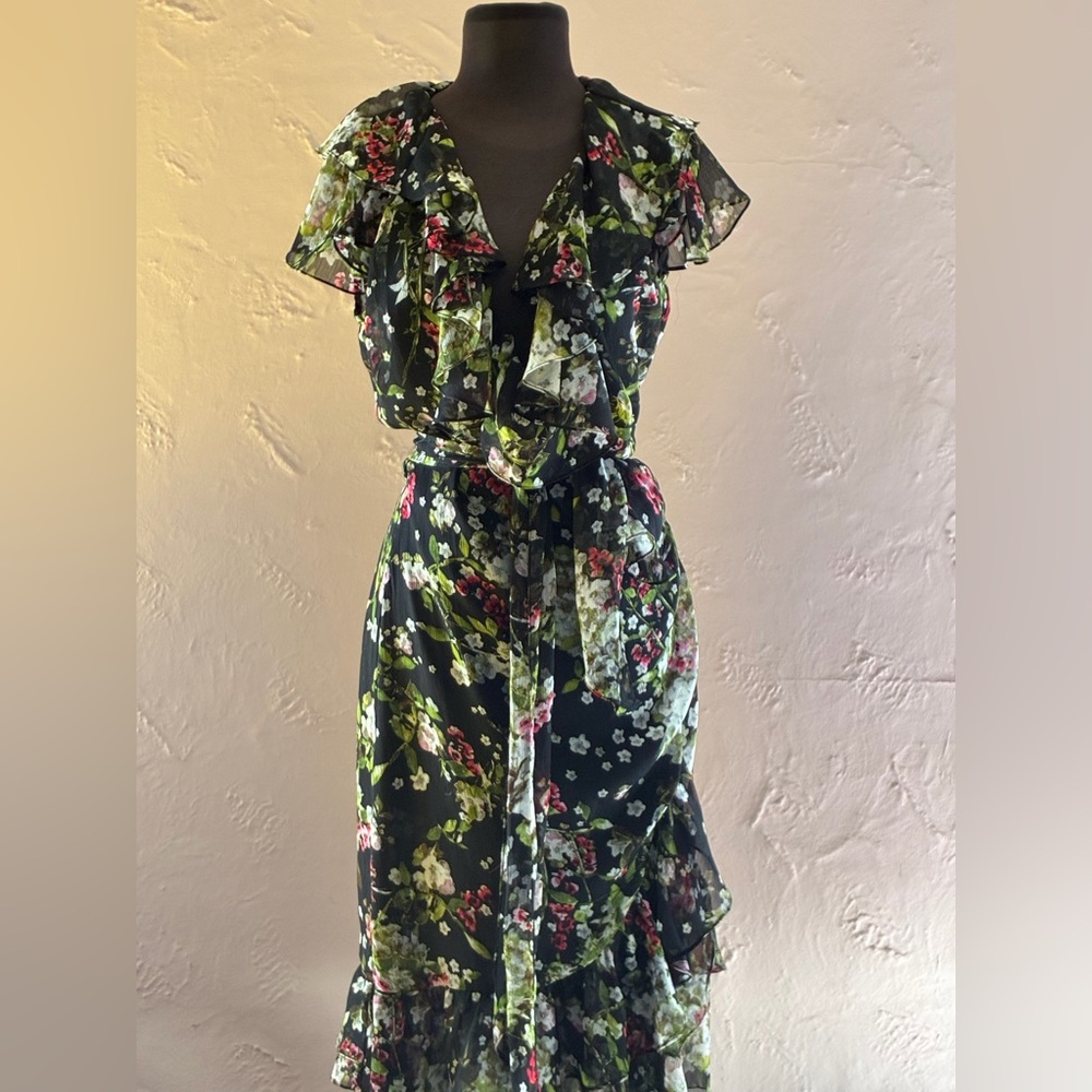 Vintage Floral Ruffle Midi Dress - Black Floral - Picture 11 of 15
